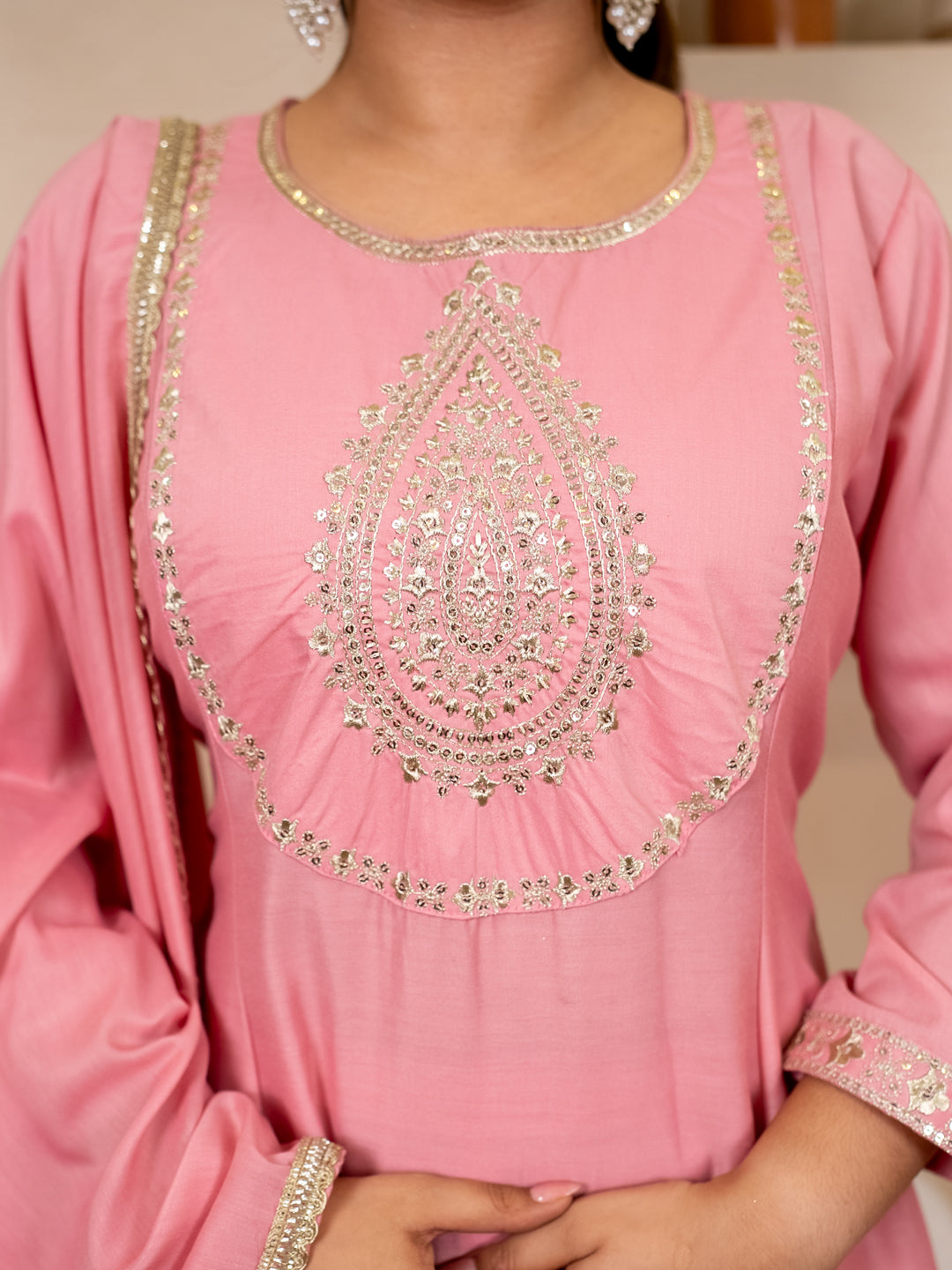 Dhiyona VV Zoya pink Anarkali Kurta and Pant Dupatta Set