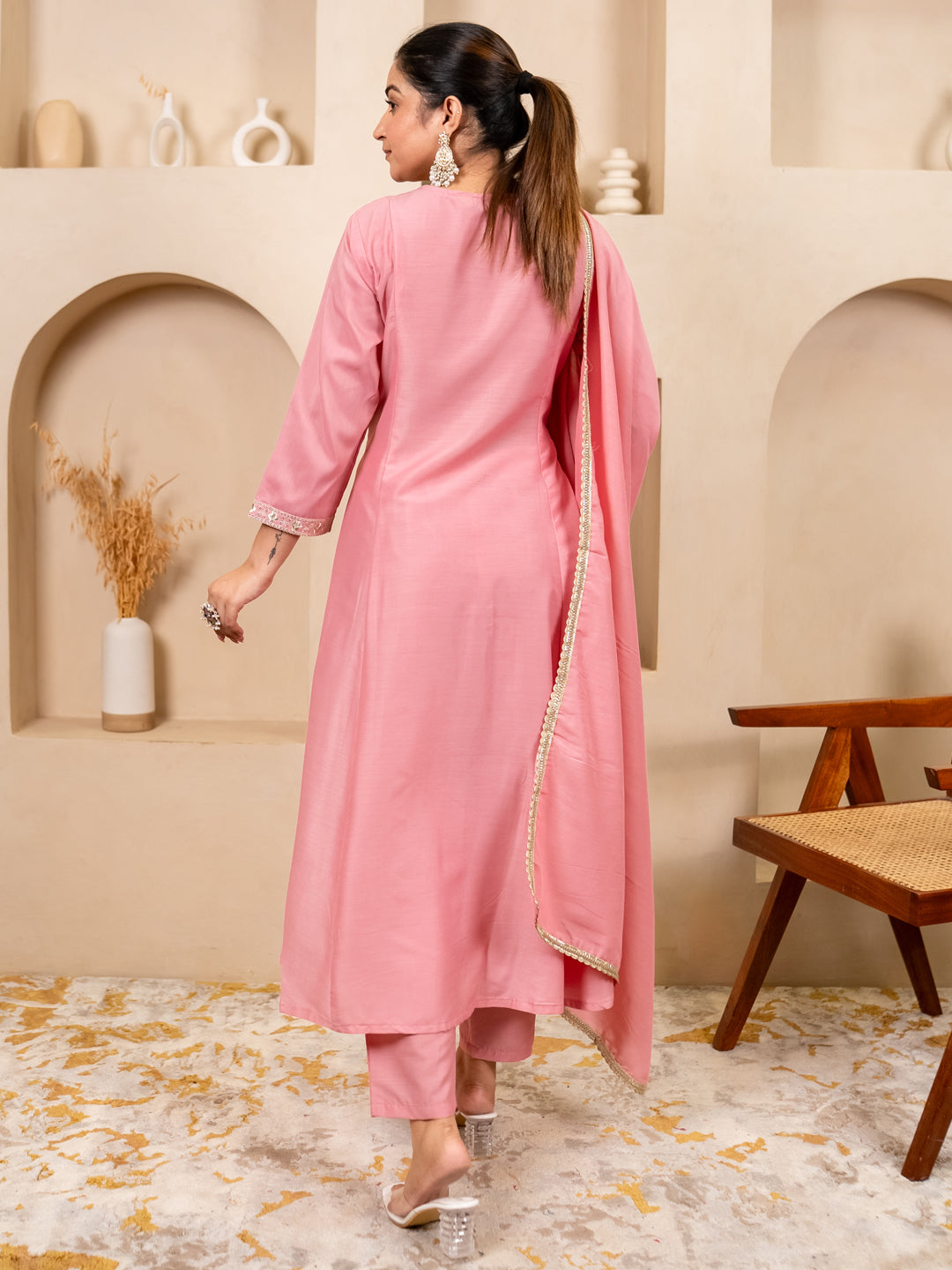 Dhiyona VV Zoya pink Anarkali Kurta and Pant Dupatta Set
