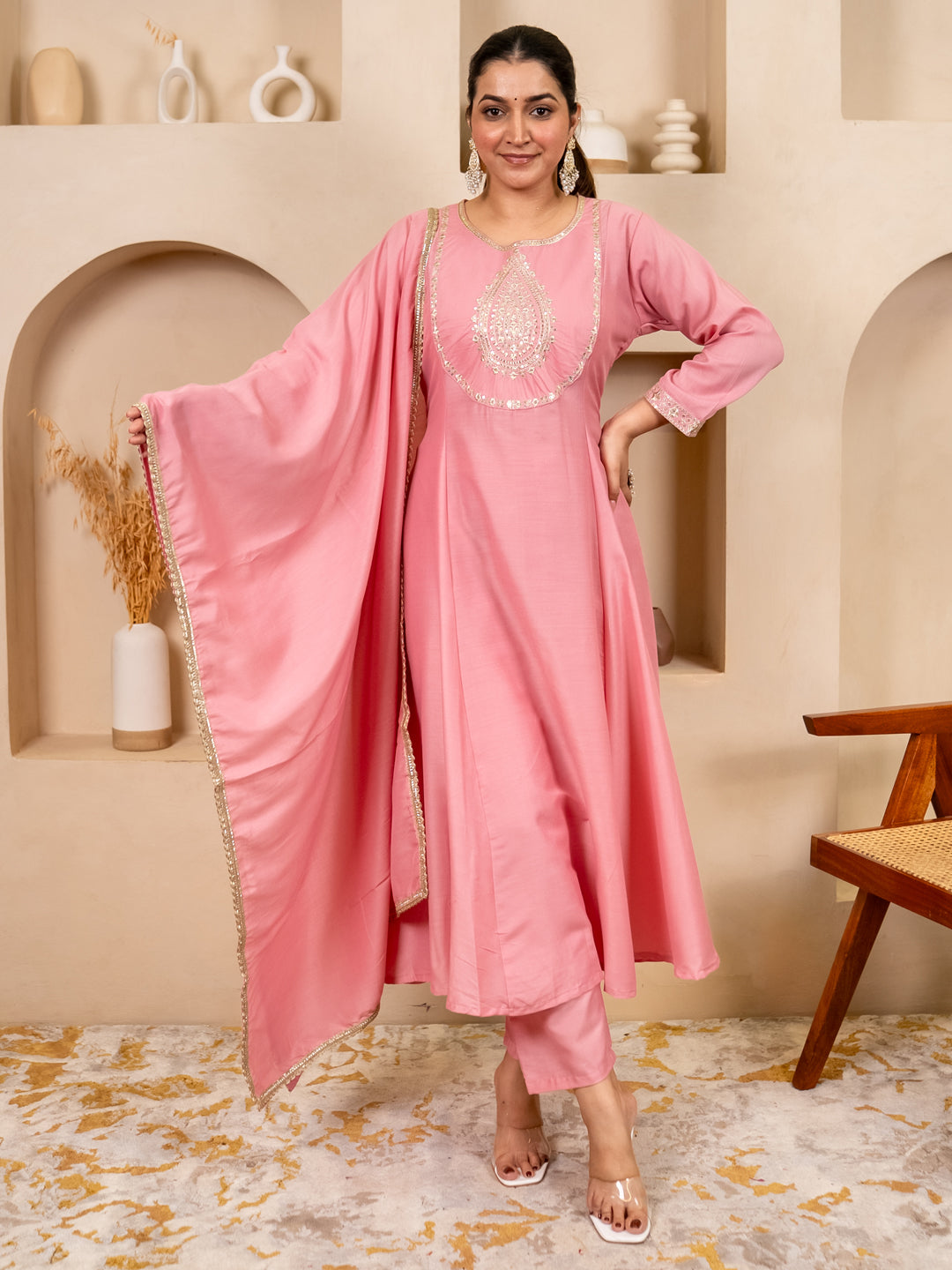 Dhiyona VV Zoya pink Anarkali Kurta and Pant Dupatta Set