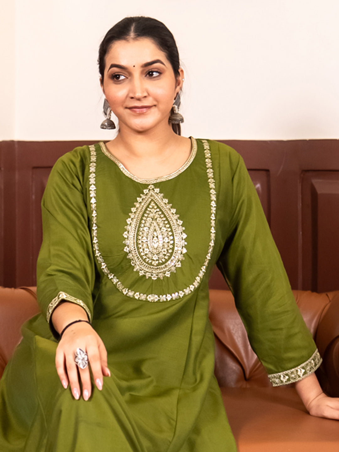 Dhiyona VV Shailaja mehndi Anarkali Kurta and Pant Dupatta Set