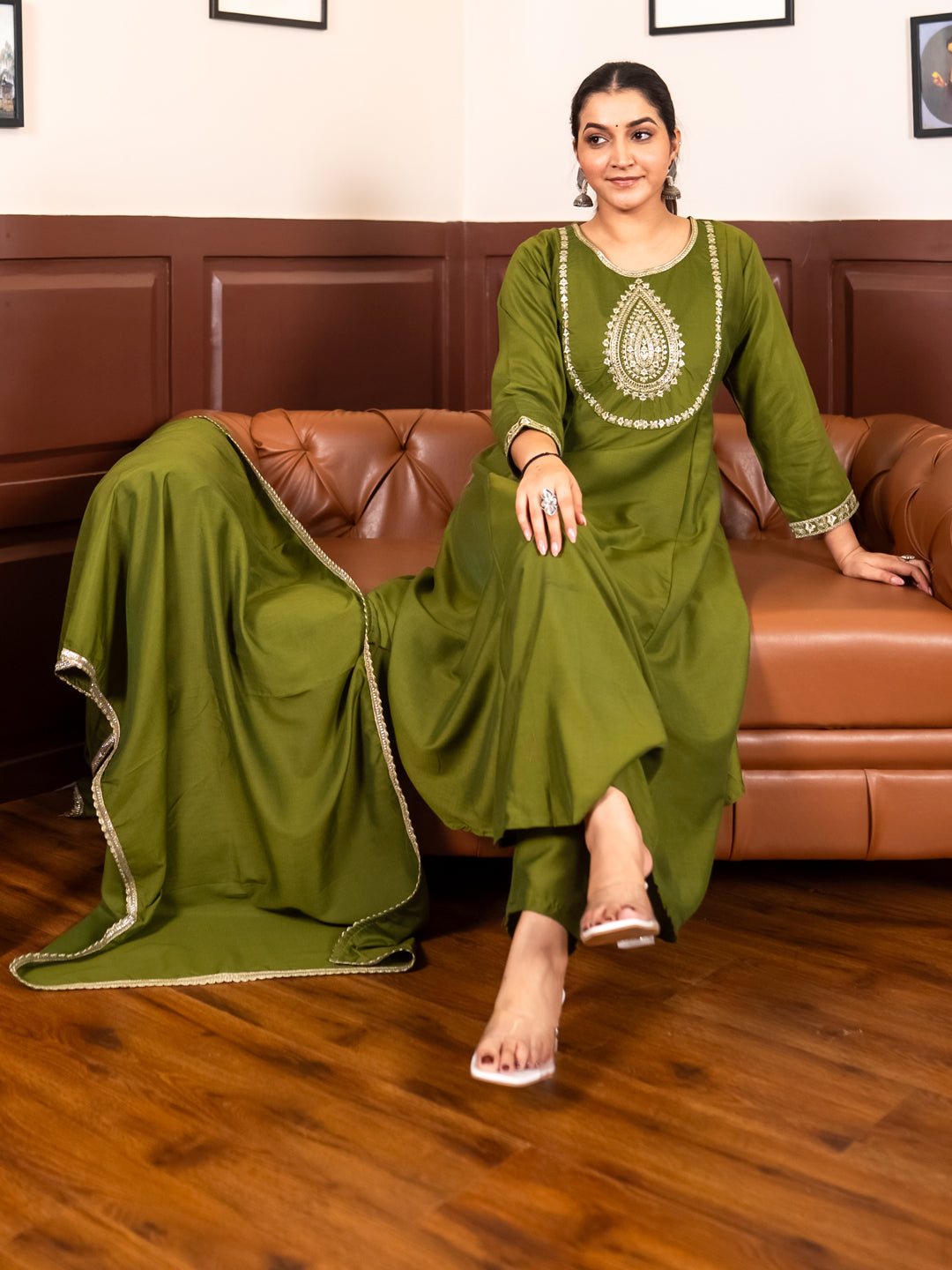 Dhiyona VV Shailaja mehndi Anarkali Kurta and Pant Dupatta Set