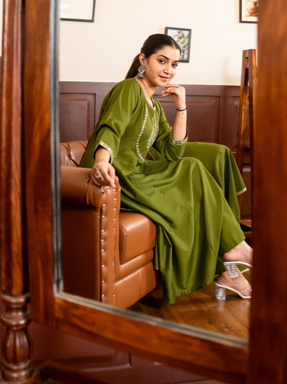 Dhiyona VV Shailaja mehndi Anarkali Kurta and Pant Dupatta Set