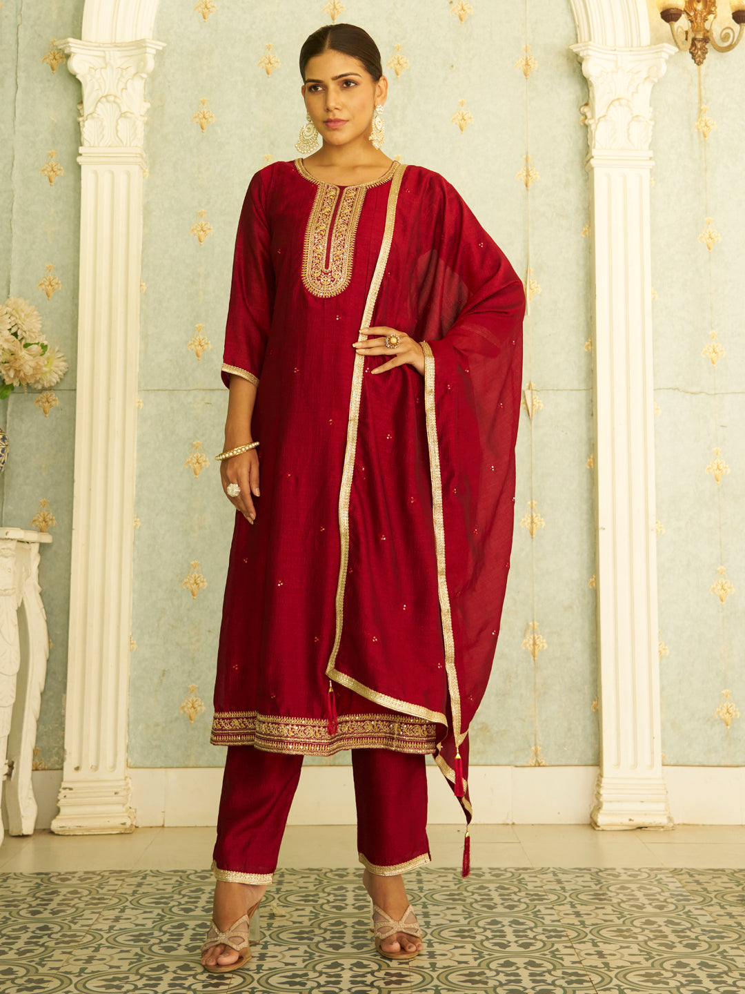 Dhiyona VV Tanu Maroon Silk Blend Embroidered Anarkali Set