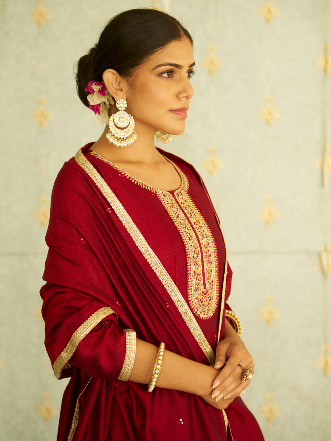 Dhiyona VV Tanu Maroon Silk Blend Embroidered Anarkali Set