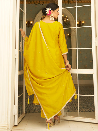 Dhiyona VV Harini Silk Blend Anarkali Kurta Set with Embroidered Dupatta Elegant Ready to Wear Three Quarter Sleeves Kurta Pant Set