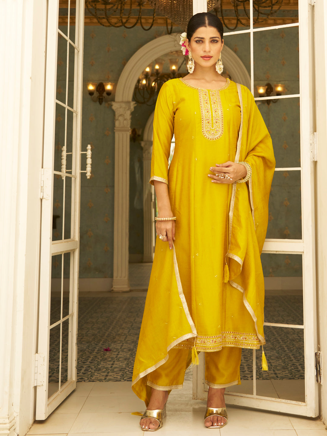 Dhiyona VV Harini Silk Blend Anarkali Kurta Set with Embroidered Dupatta Elegant Ready to Wear Three Quarter Sleeves Kurta Pant Set