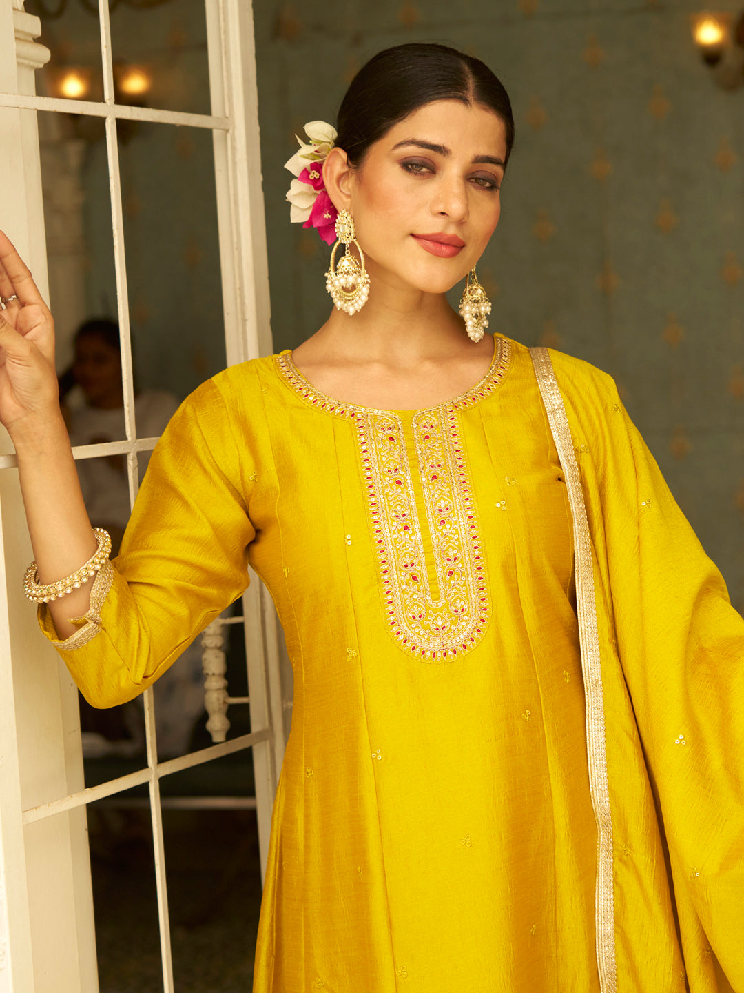 Dhiyona VV Harini Silk Blend Anarkali Kurta Set with Embroidered Dupatta Elegant Ready to Wear Three Quarter Sleeves Kurta Pant Set