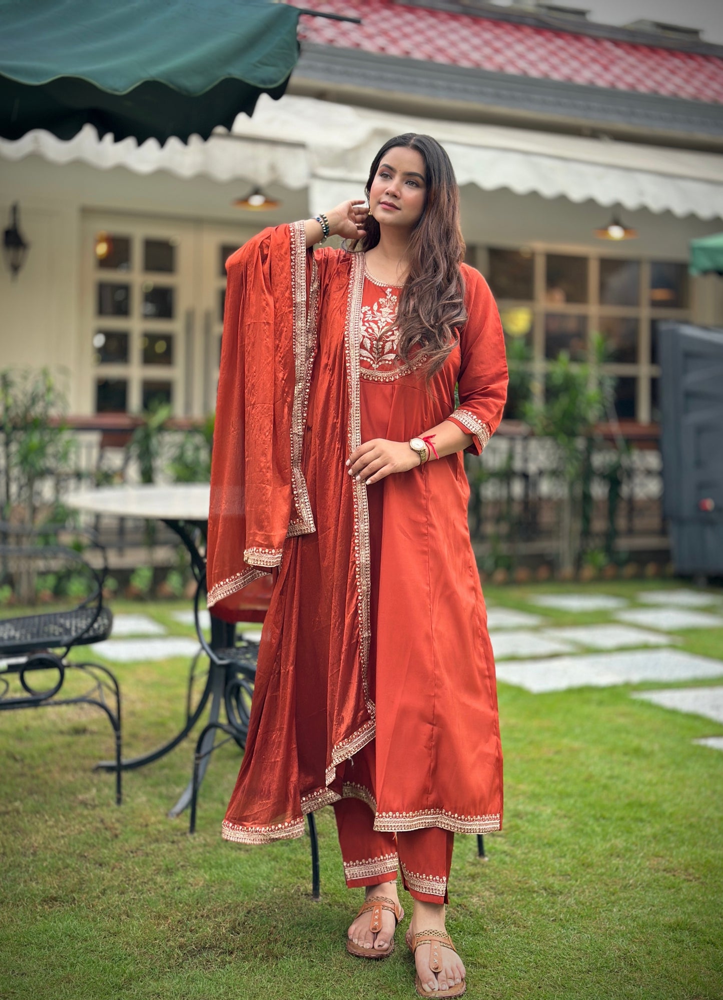 Dhiyona VV Nayera Peach Anarkali Kurta and Pant Dupatta Set