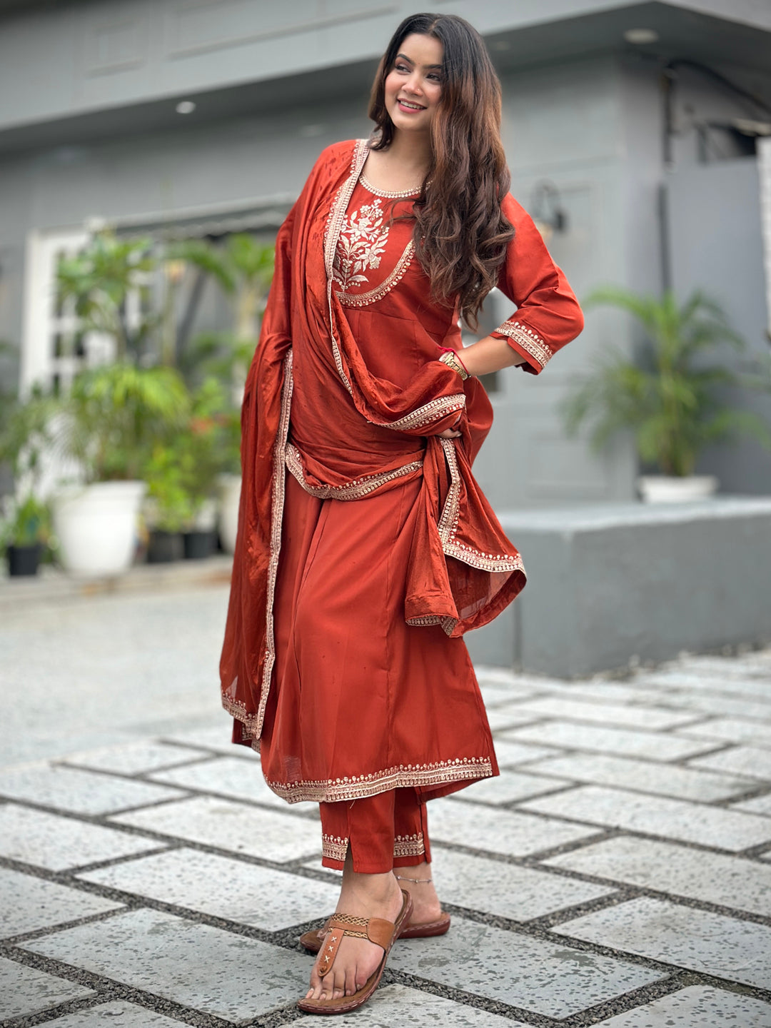 Dhiyona VV Nayera Peach Anarkali Kurta and Pant Dupatta Set