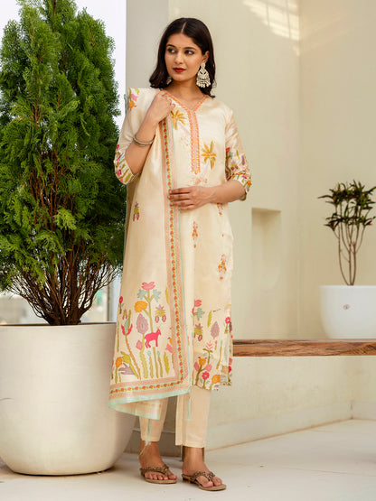 Dhiyona VV Charvi Cream Floral Print Silk Women Kurta Sets With Printed Dupatta Suits