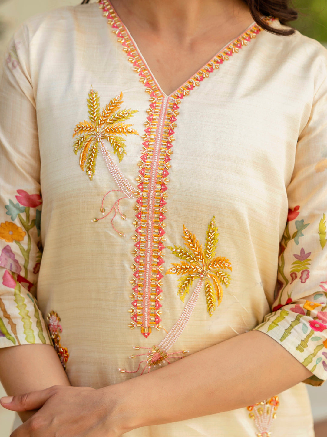 Dhiyona VV Charvi Cream Floral Print Silk Women Kurta Sets With Printed Dupatta Suits