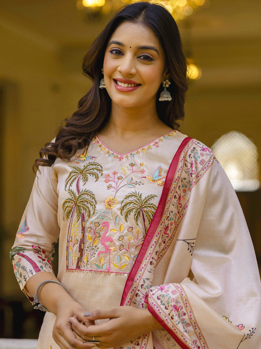 Dhiyona VV Shivani Floral Printed Handwork Silk Straight Kurta With Trousers & Dupatta Suits