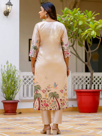 Dhiyona VV Shivani Floral Printed Handwork Silk Straight Kurta With Trousers & Dupatta Suits