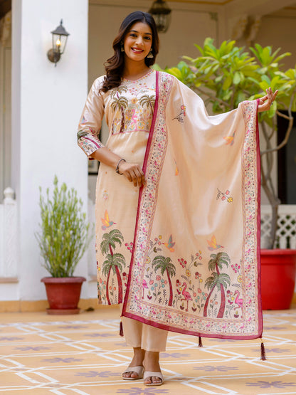 Dhiyona VV Shivani Floral Printed Handwork Silk Straight Kurta With Trousers & Dupatta Suits