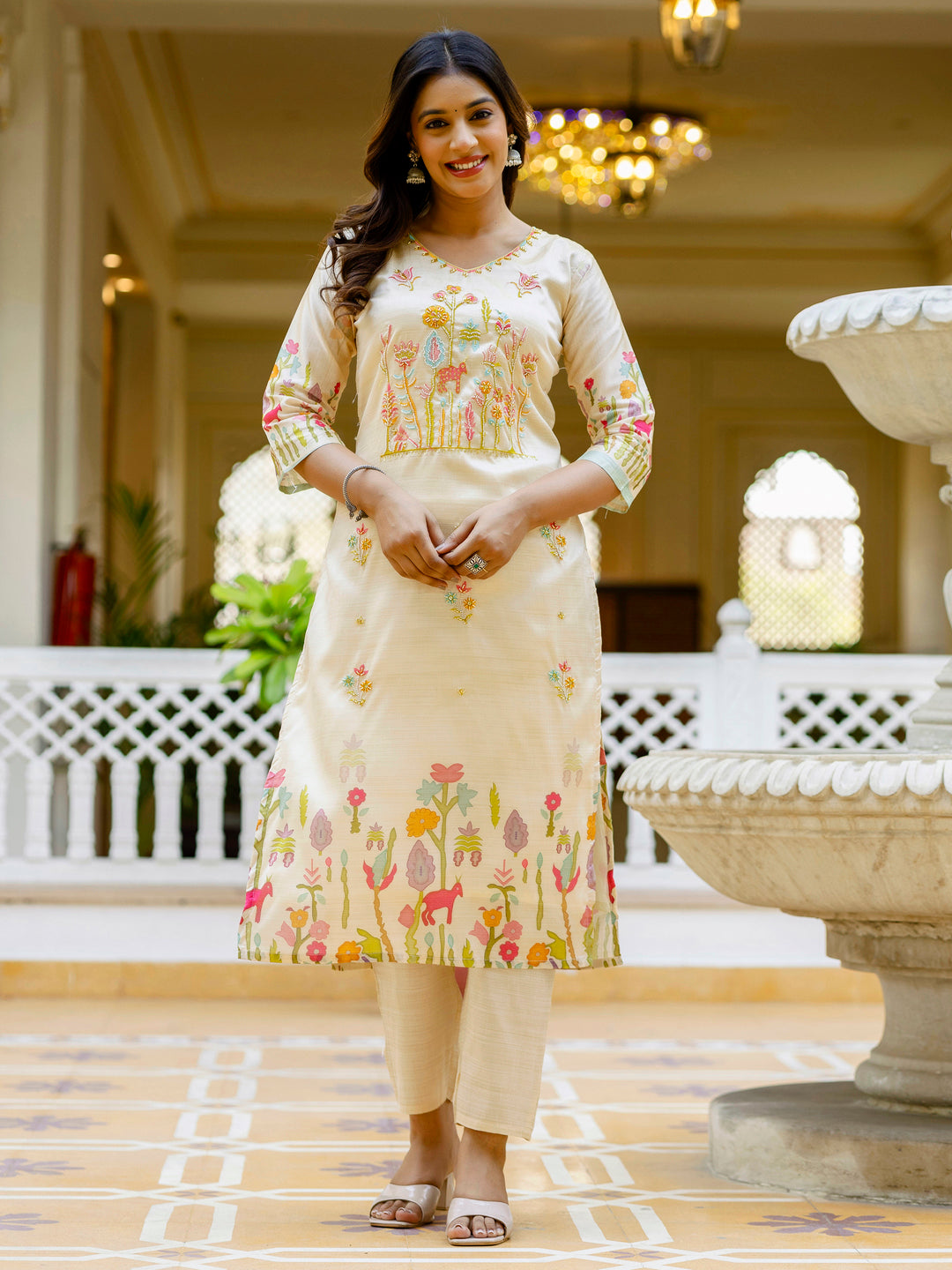 Dhiyona VV Prisha Floral Printed Handwork Silk Straight Kurta With Trousers & Dupatta Suits