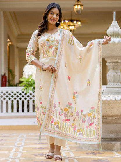 Dhiyona VV Prisha Floral Printed Handwork Silk Straight Kurta With Trousers & Dupatta Suits