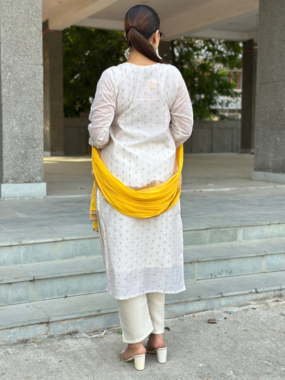 Dhiyona VV Aabha White Women Kurta and Pant Dupatta Sets Chanderi Silk Fabrics with Embroidery