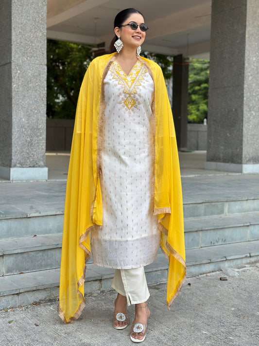 Dhiyona VV Aabha White Women Kurta and Pant Dupatta Sets Chanderi Silk Fabrics with Embroidery
