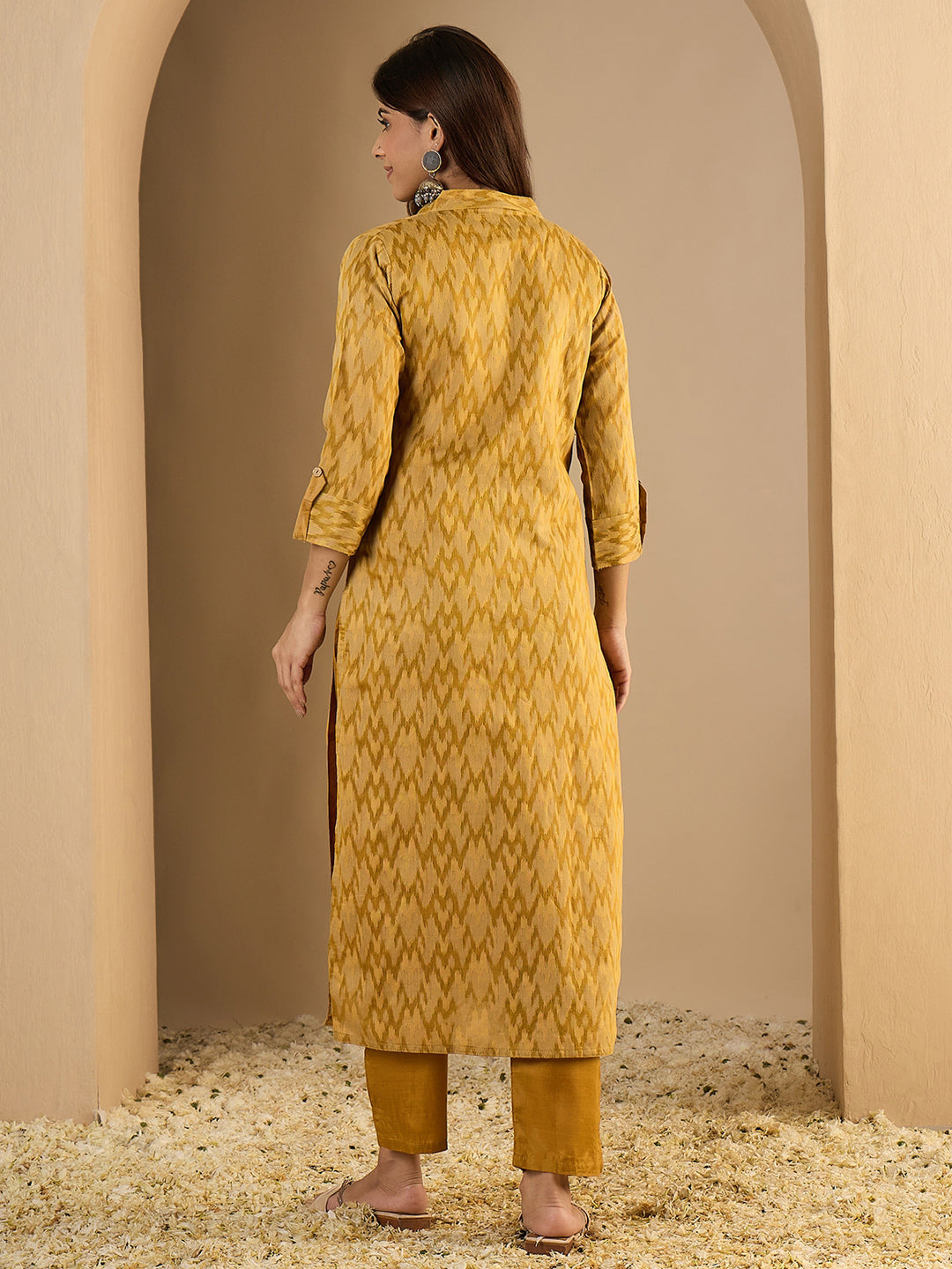Dhiyona VV Cotton Silk Woven Straight Kurta Pant Set | Mandarin Collar Calf Length Festive & Casual Ethnic Kurta Sets for Women