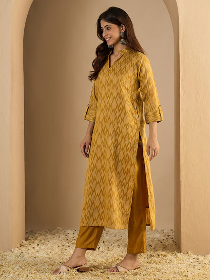 Dhiyona VV Cotton Silk Woven Straight Kurta Pant Set | Mandarin Collar Calf Length Festive & Casual Ethnic Kurta Sets for Women