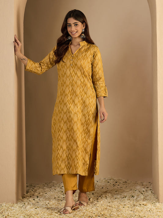 Dhiyona VV Cotton Silk Woven Straight Kurta Pant Set | Mandarin Collar Calf Length Festive & Casual Ethnic Kurta Sets for Women