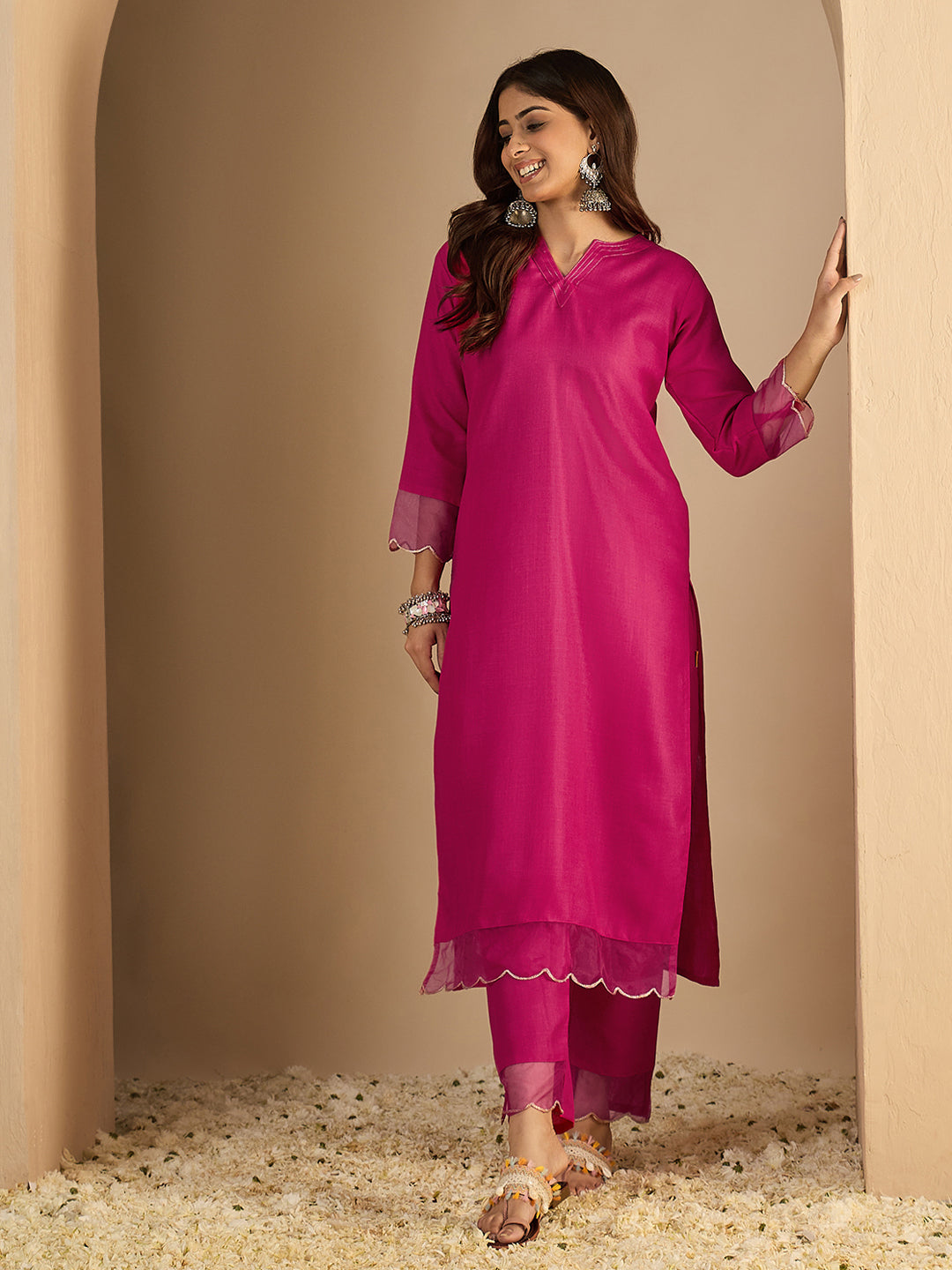 Dhiyona VV Rani pink Women Cotton Blend Kurta Pant Set