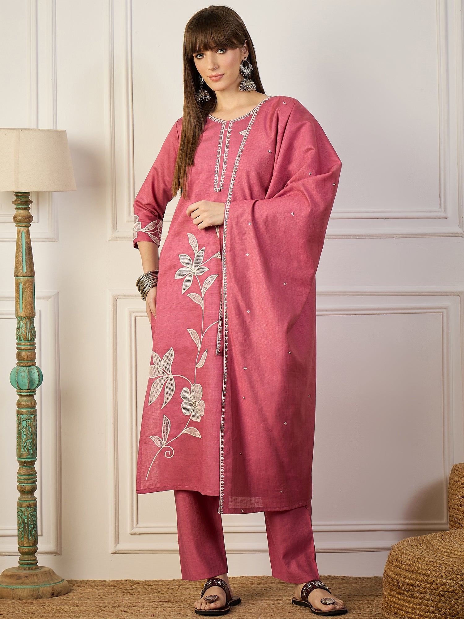 Dhiyona VV Samyuktha Yellow Embroidery Silk Straight Kurta With Trousers & Dupatta Sets