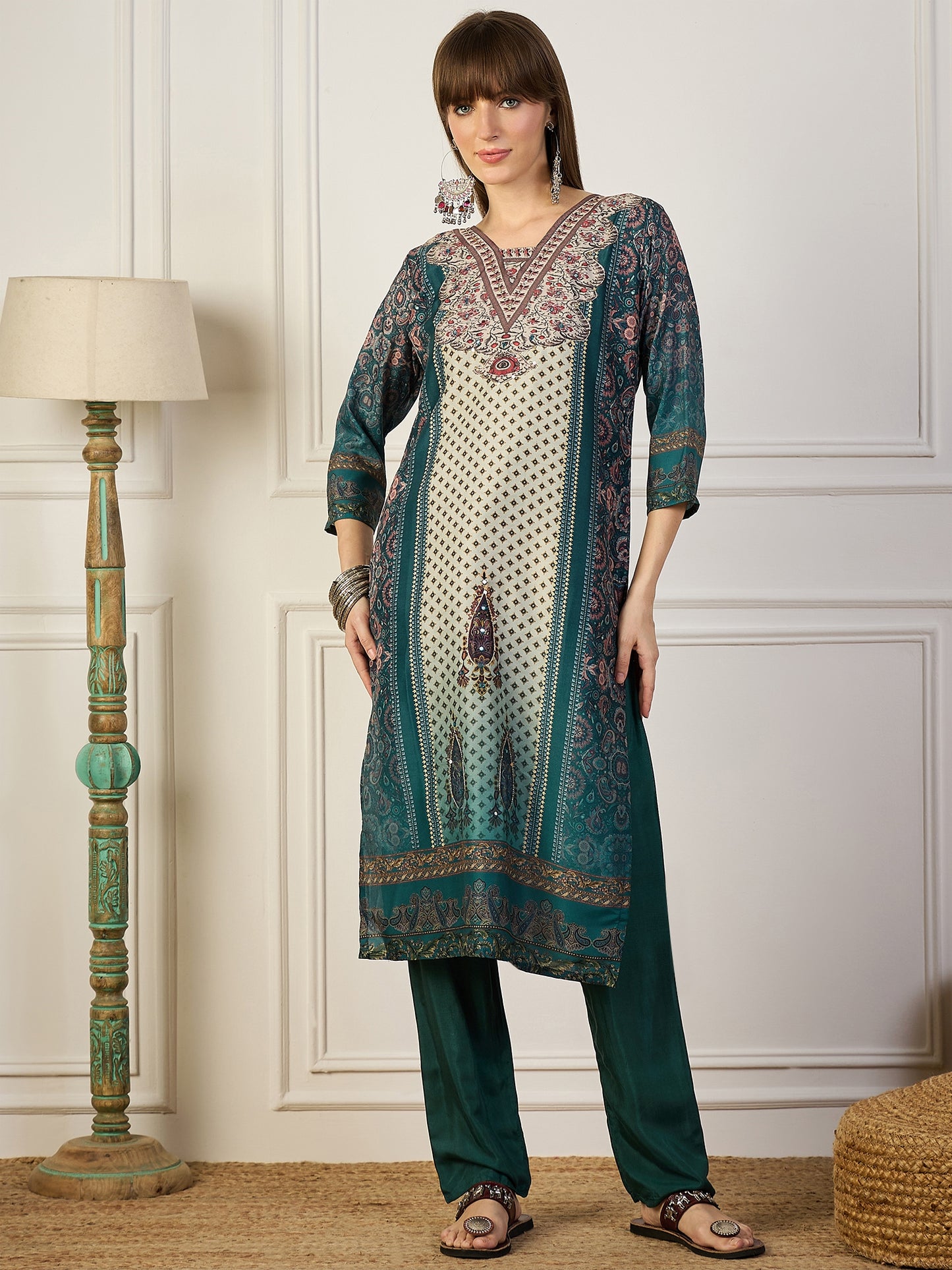 Dhiyona VV Pravya Teal Embroidery Silk Straight Kurta With Trousers & Dupatta Sets