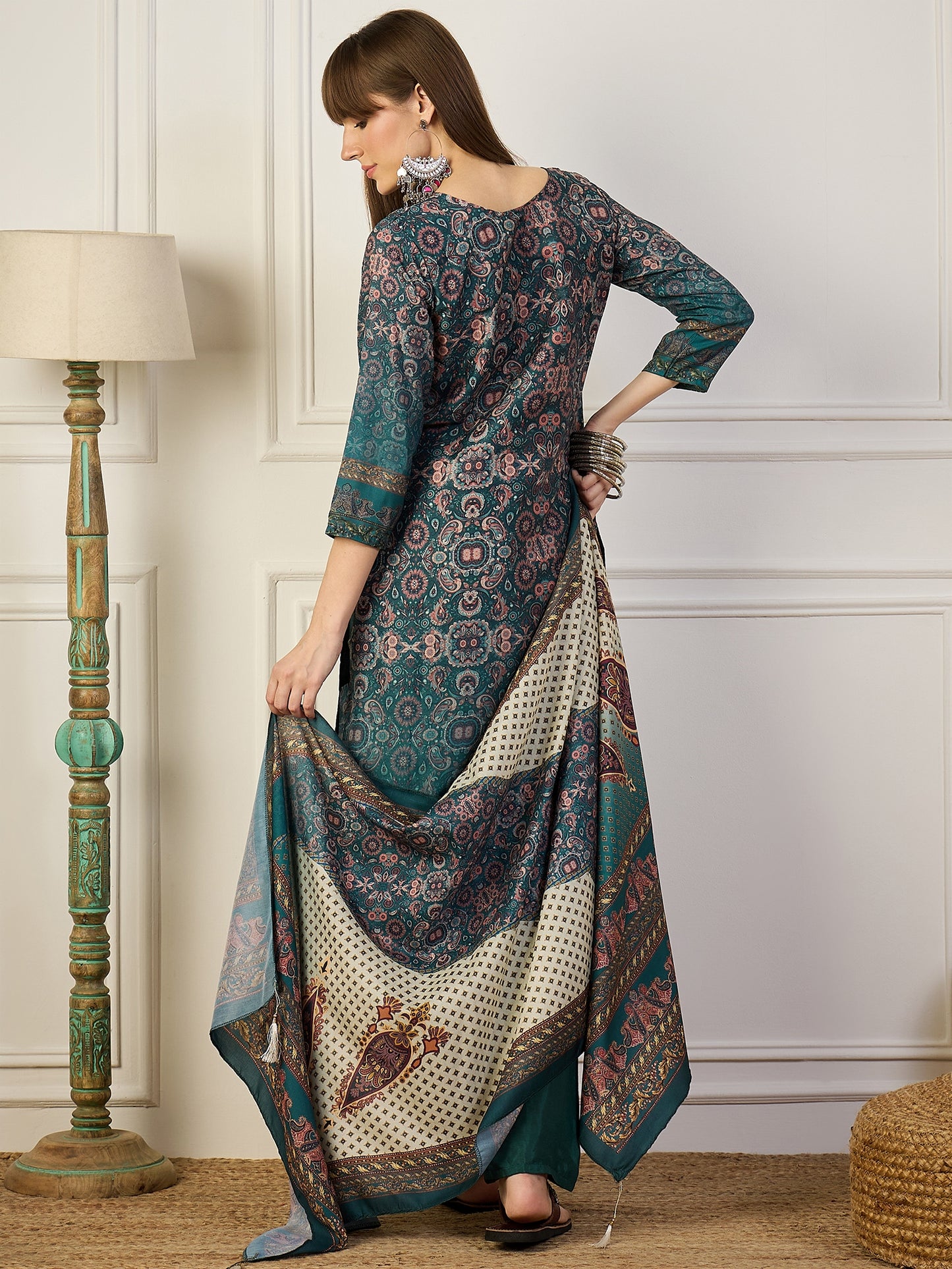 Dhiyona VV Pravya Teal Embroidery Silk Straight Kurta With Trousers & Dupatta Sets