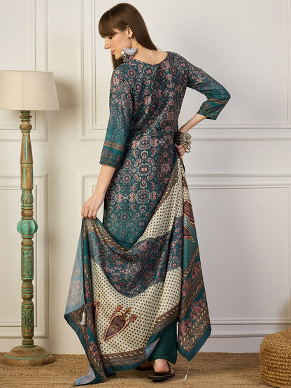 Dhiyona VV Pravya Teal Embroidery Silk Straight Kurta With Trousers & Dupatta Sets