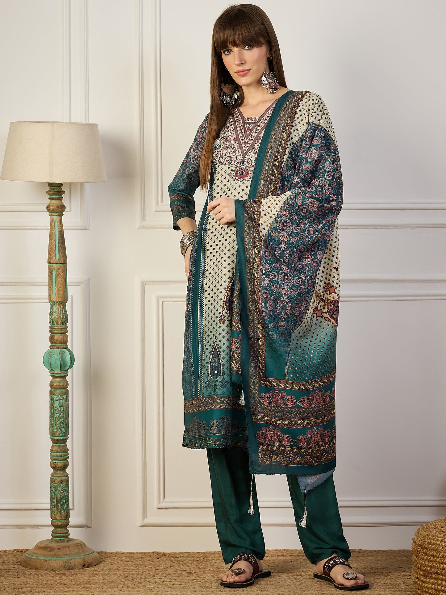 Dhiyona VV Pravya Teal Embroidery Silk Straight Kurta With Trousers & Dupatta Sets