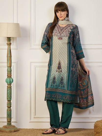 Dhiyona VV Pravya Teal Embroidery Silk Straight Kurta With Trousers & Dupatta Sets