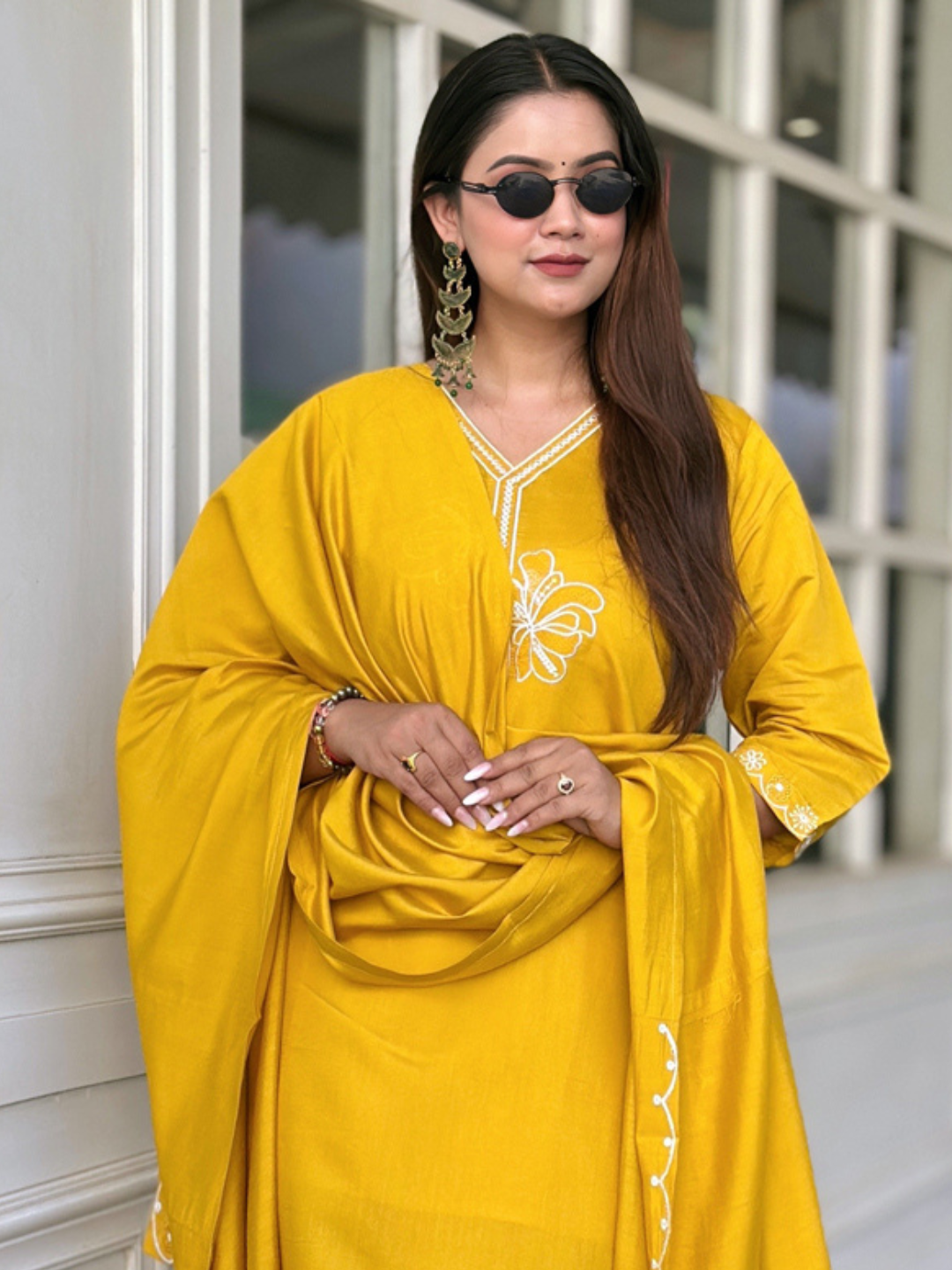 Dhiyona VV Twinkal Yellow Kurta and Pant Dupatta Sets Silk Blend Fabrics with Embroidery