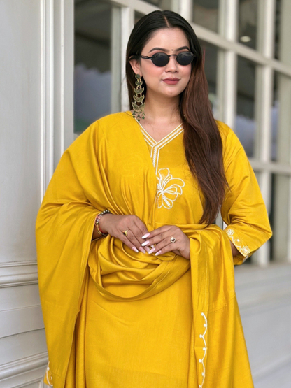 Dhiyona VV Twinkal Yellow Kurta and Pant Dupatta Sets Silk Blend Fabrics with Embroidery