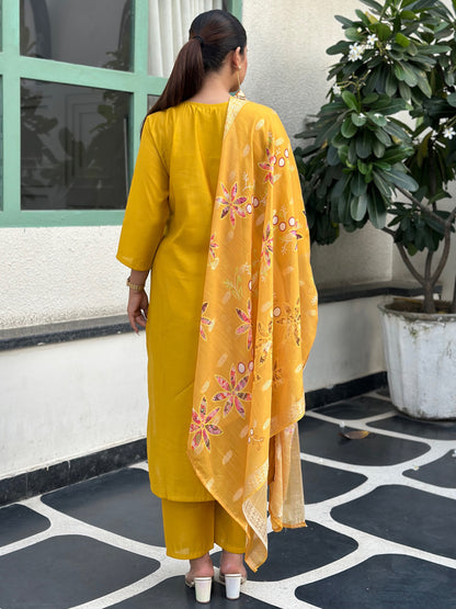 Dhiyona VV Kivra Yellow Women Kurta and Pant Dupatta Sets Silk Fabrics with Embroidery