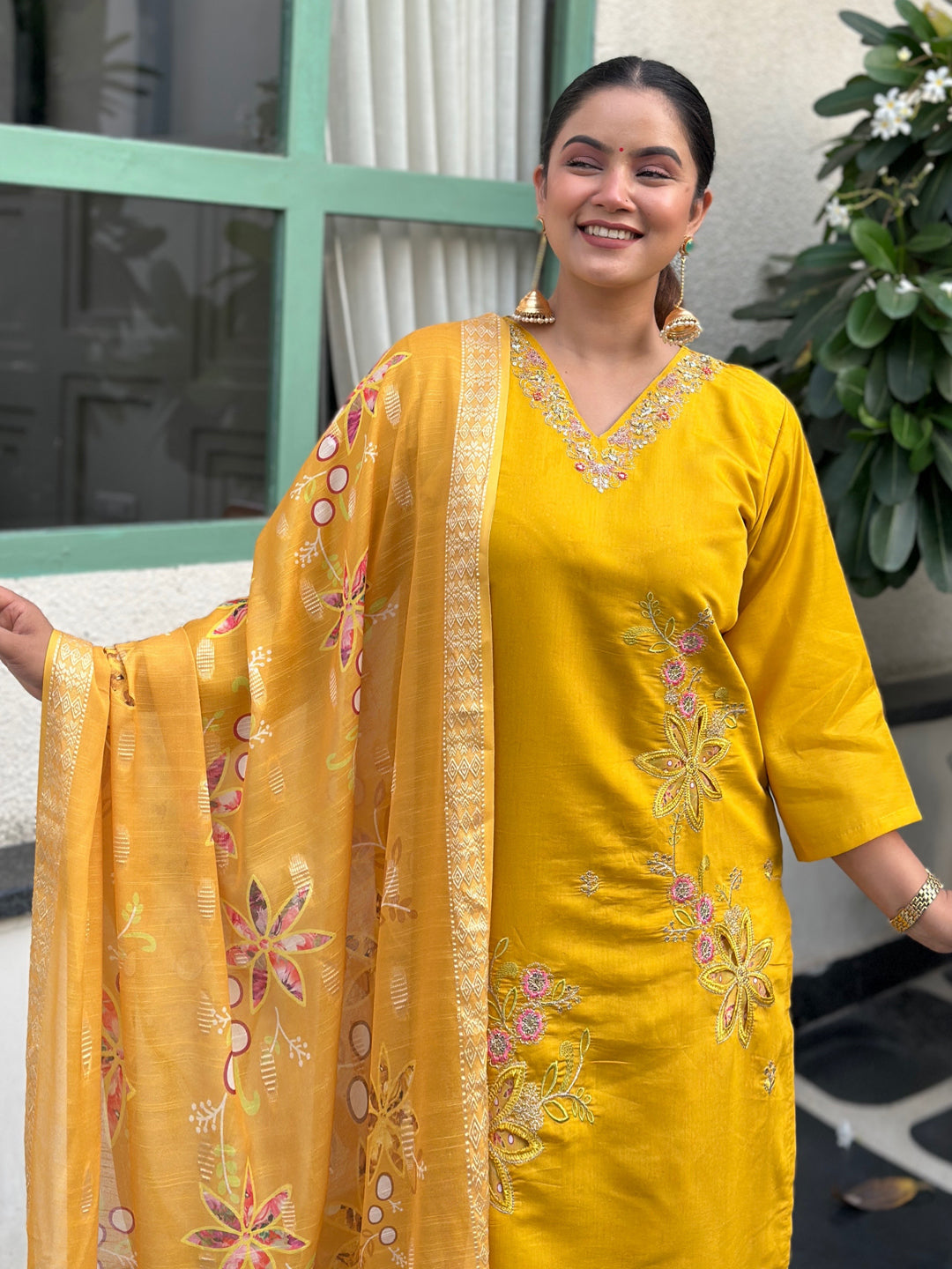 Dhiyona VV Kivra Yellow Women Kurta and Pant Dupatta Sets Silk Fabrics with Embroidery