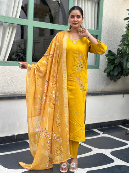 Dhiyona VV Kivra Yellow Women Kurta and Pant Dupatta Sets Silk Fabrics with Embroidery
