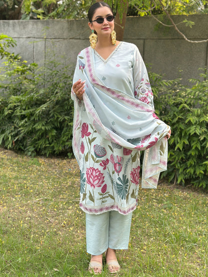 Dhiyona VV Mist Sky Digital Printed Neck Handwork Women Kurta Sets With Dupatta Straight Suits
