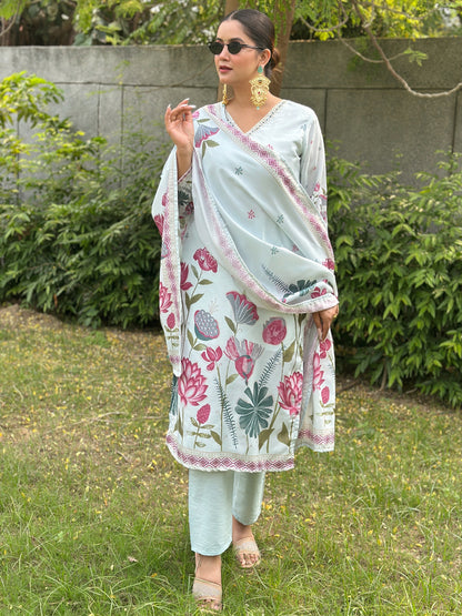 Dhiyona VV Mist Sky Digital Printed Neck Handwork Women Kurta Sets With Dupatta Straight Suits