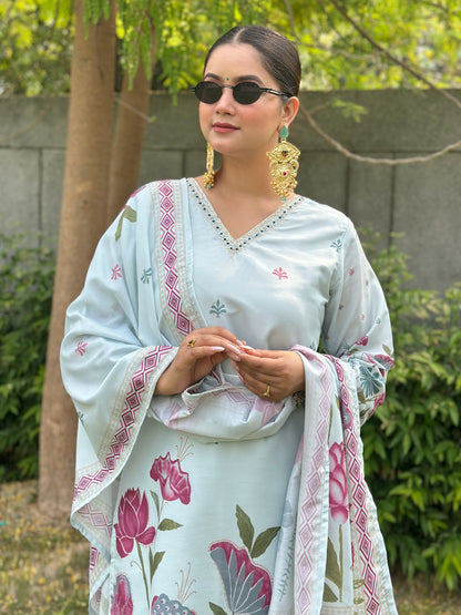 Dhiyona VV Mist Sky Digital Printed Neck Handwork Women Kurta Sets With Dupatta Straight Suits