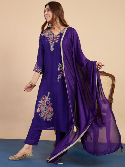 Dhiyona VV Purple Embroidered Kurta Pant Set