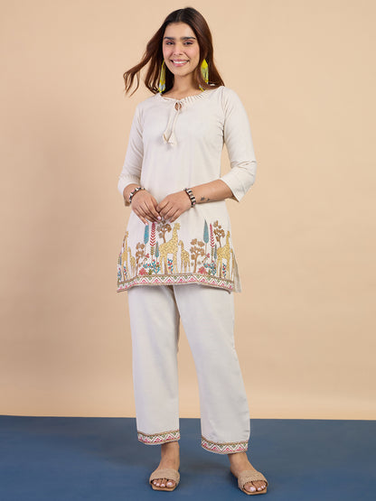 Dhiyona VV Off-white Women's Designer Kurta Pant Set Premium Pattern