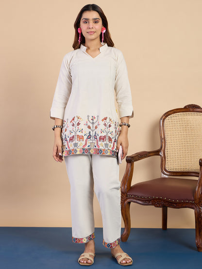 Dhiyona VV Off-white Women's Designer Kurta Pant Set Premium Pattern