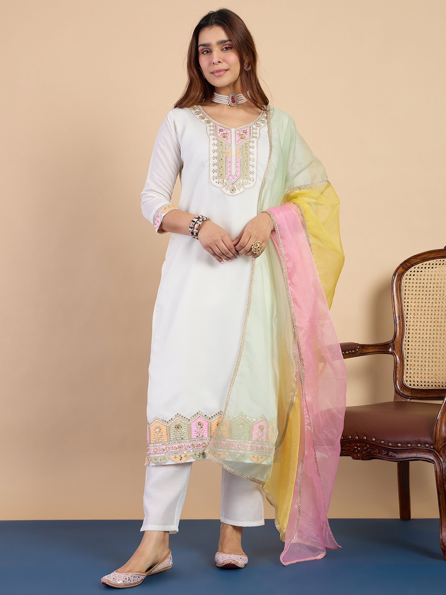 Dhiyona VV Off-white Women's Designer Kurta Pant Set Premium Pattern Collection