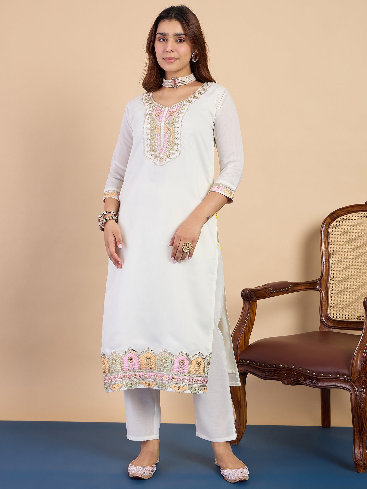 Dhiyona VV Off-white Women's Designer Kurta Pant Set Premium Pattern Collection
