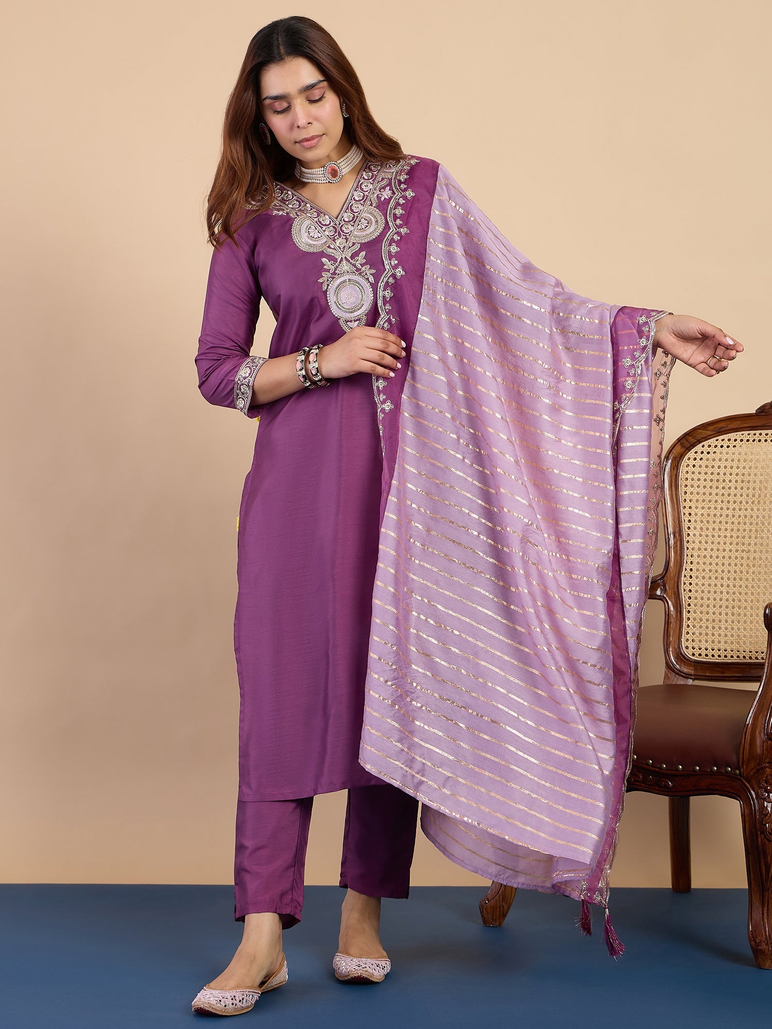 Dhiyona VV Purple Women's Designer Kurta Pant Set Premium Pattern Collection