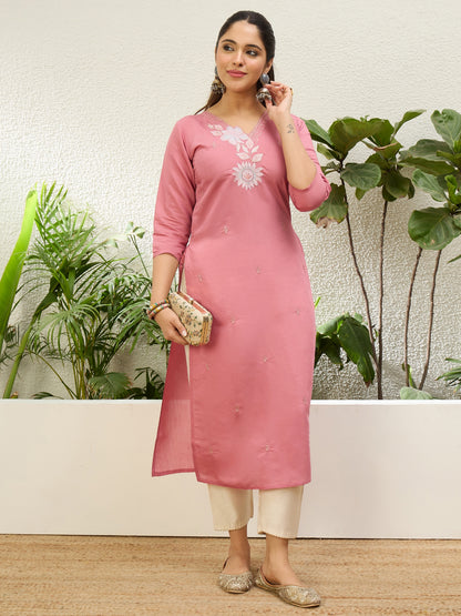 Dhiyona VV Baby Pink Women Embroidered Silk Blend Straight Kurta