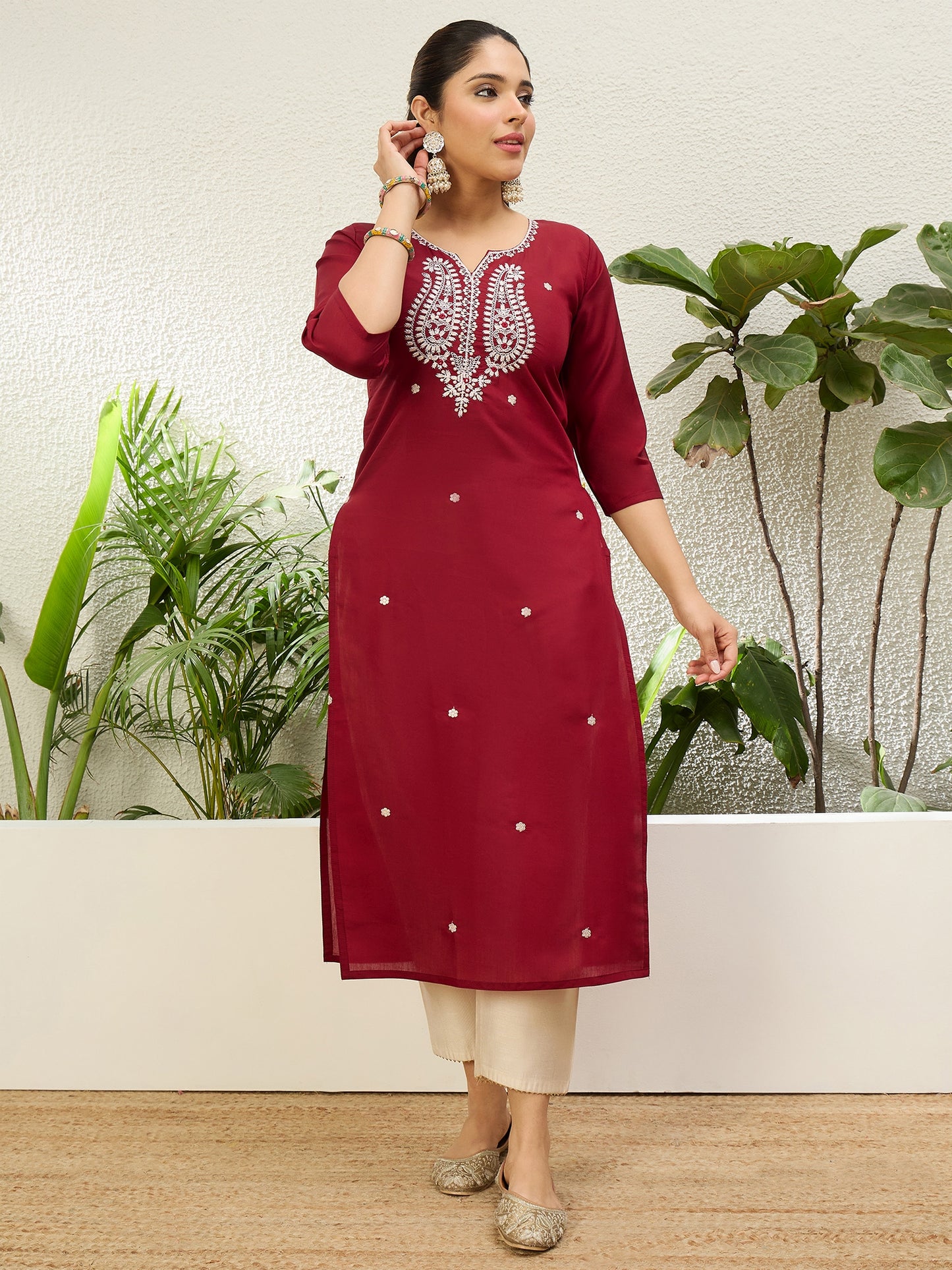 Dhiyona VV Cherry Red Women Embroidered Silk Blend Straight Kurta