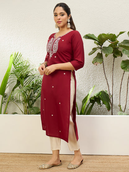 Dhiyona VV Cherry Red Women Embroidered Silk Blend Straight Kurta