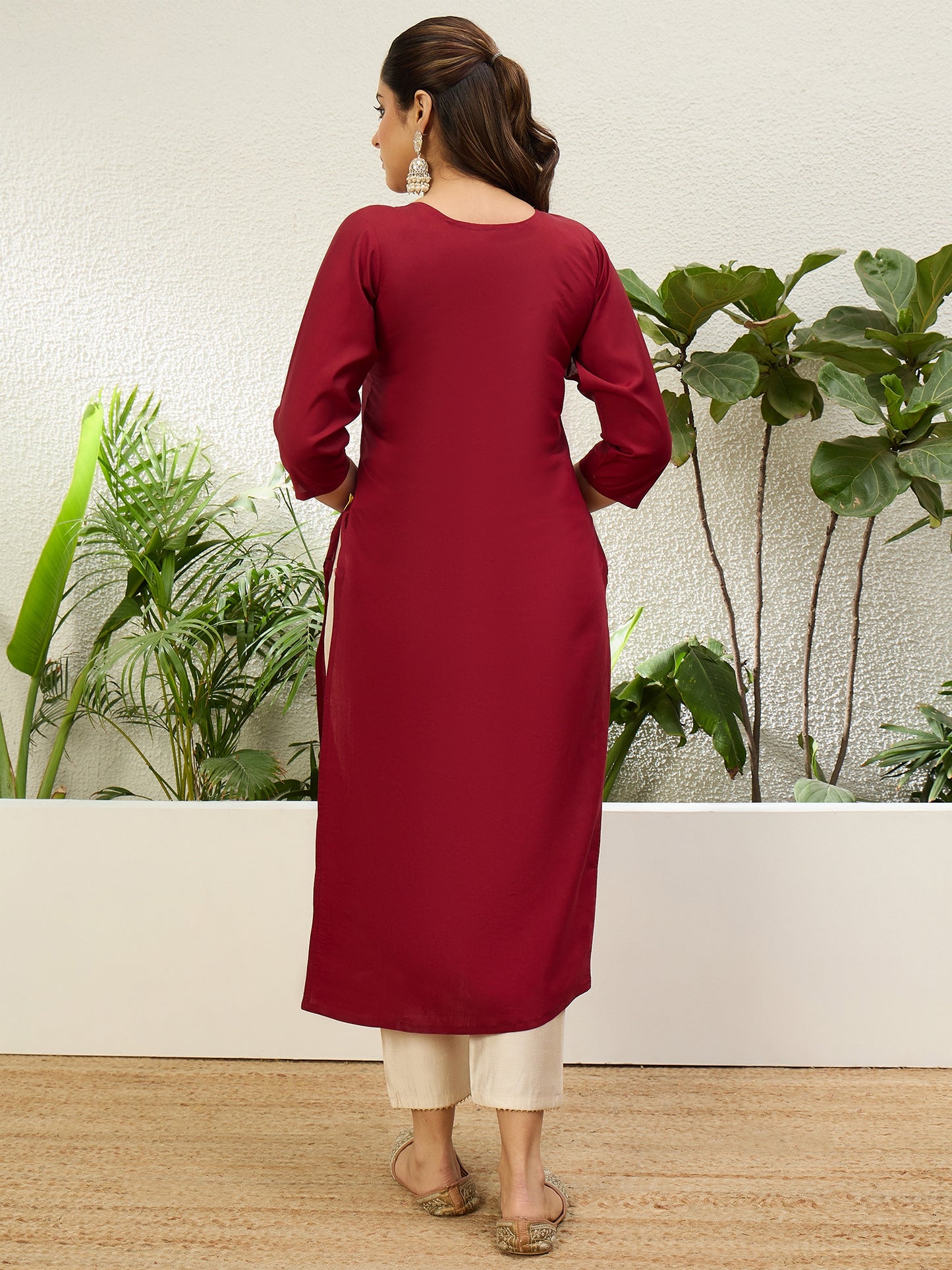 Dhiyona VV Cherry Red Women Embroidered Silk Blend Straight Kurta